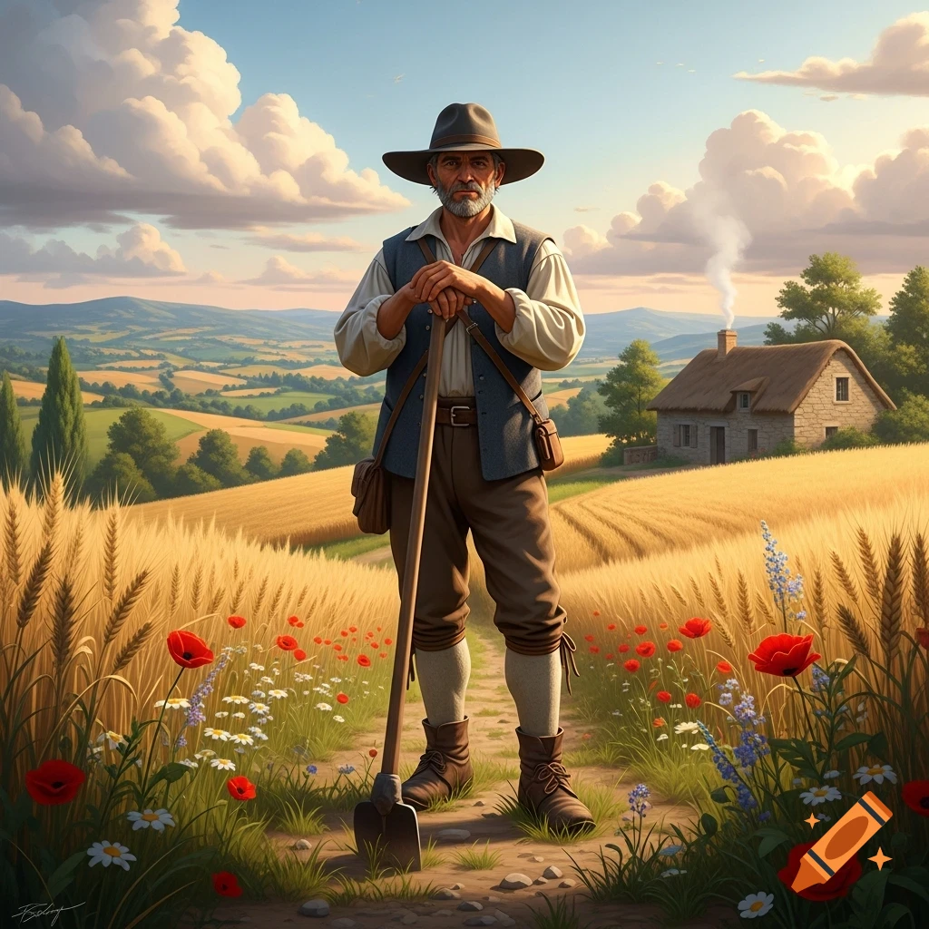 A farmer with a shovel stands in a golden wheat field with red poppies and a distant cottage under a cloudy sky.