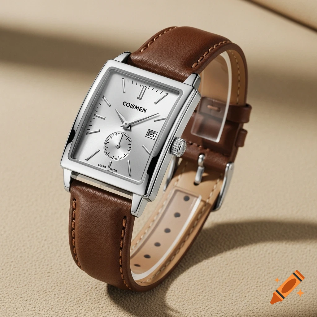 Close-up of a rectangular silver watch with a brown leather strap, featuring a white face and date window, on a textured surface.
