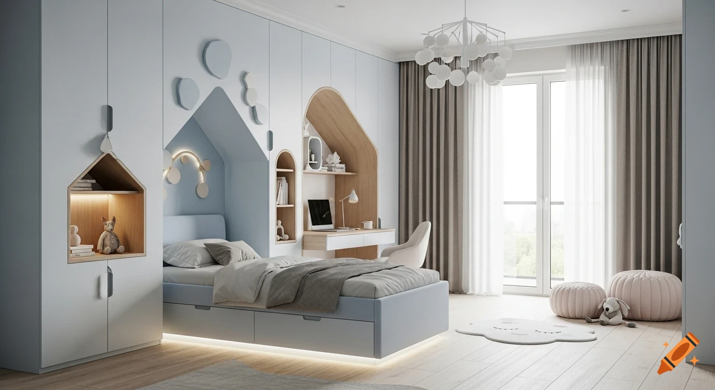 A modern kid's bedroom with a powder blue bed, built-in storage, a desk, a cloud rug, and pastel poufs by a large window.