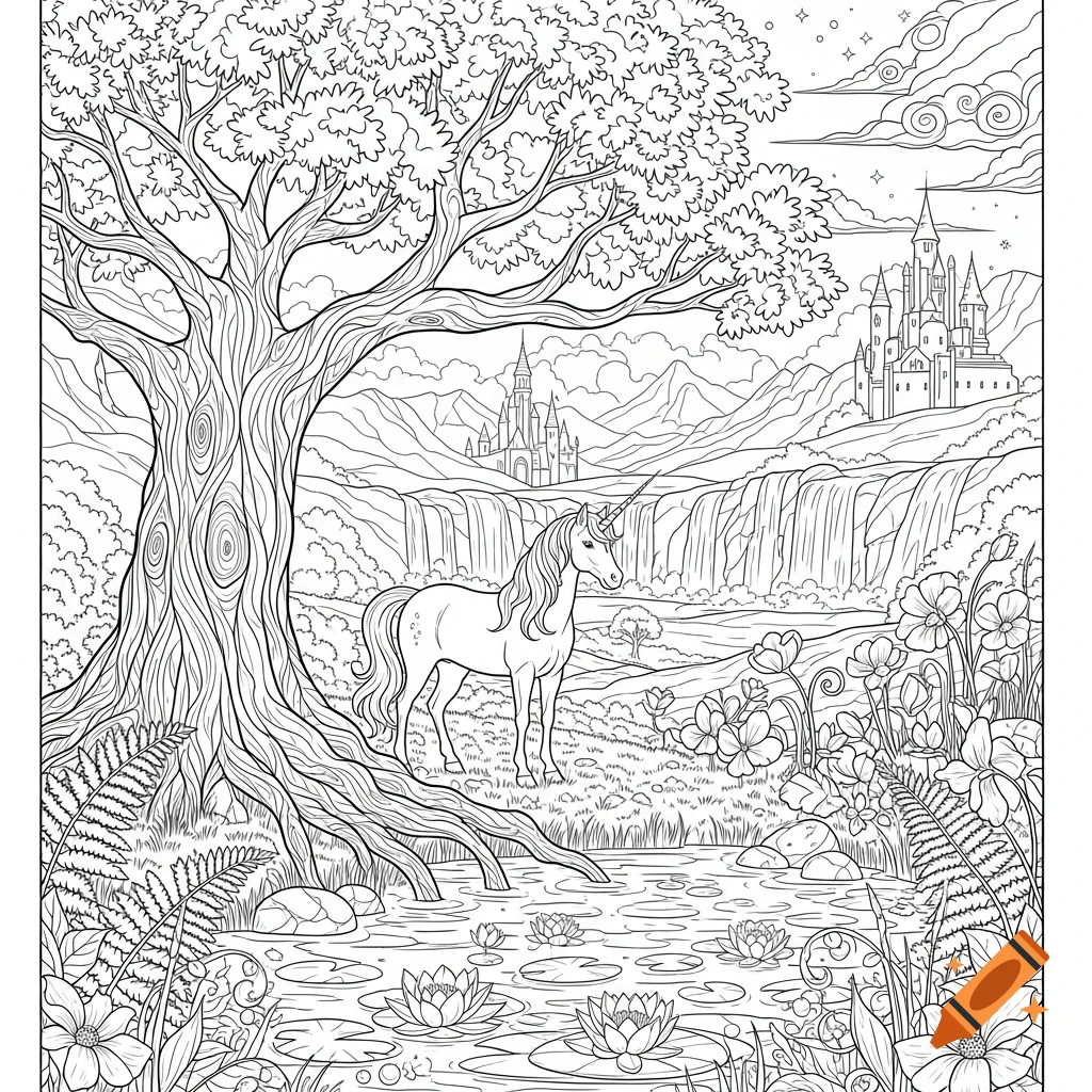 Black and white line art coloring page of a unicorn standing by a pond under a large tree, with a waterfall and distant castles.