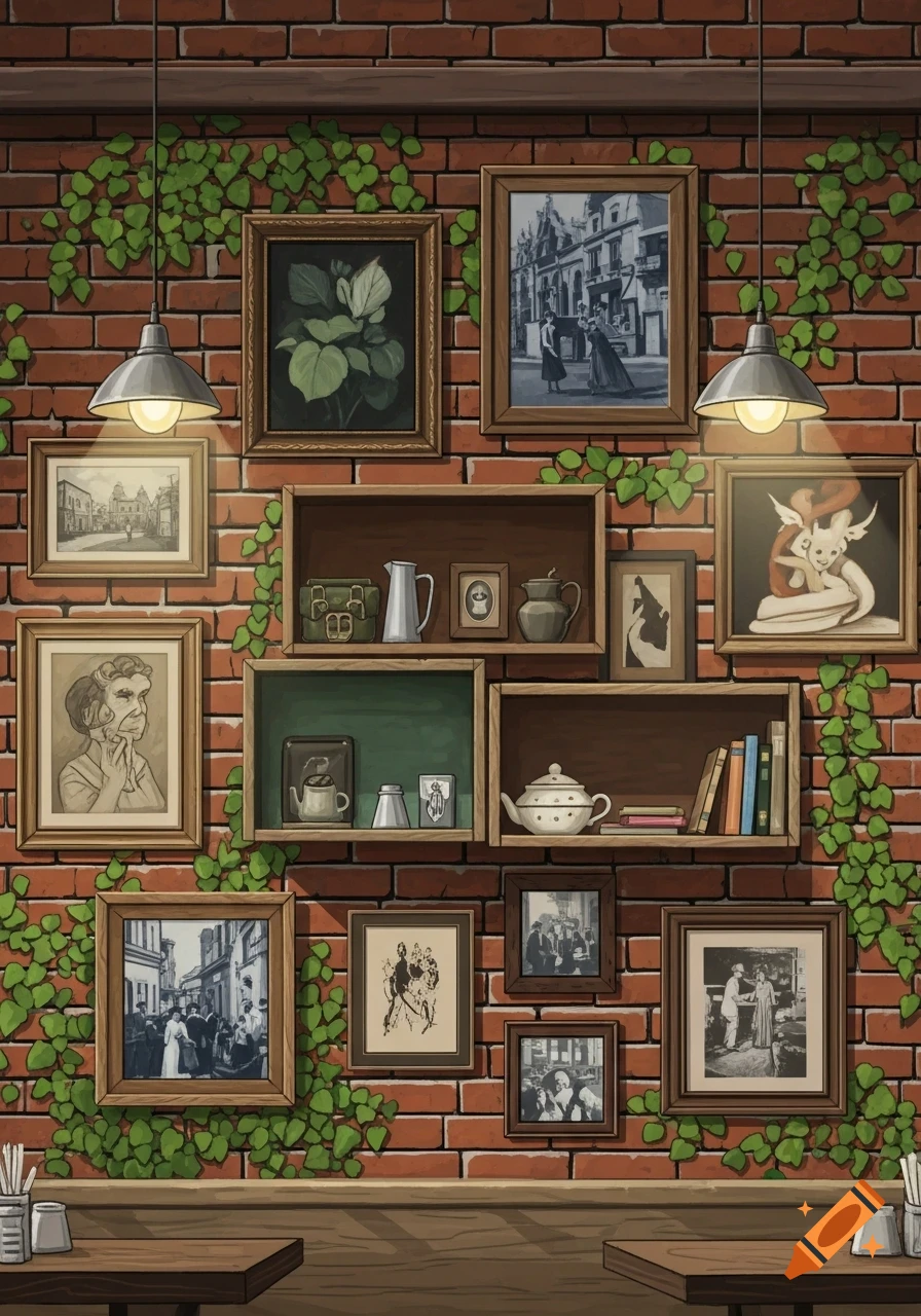 An illustrated cafe wall decorated with framed pictures, shelves holding various items, and green vines climbing the brickwork.
