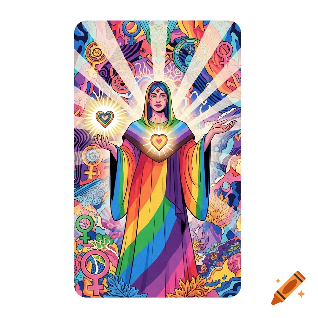 A stylized illustration of a figure in a rainbow robe holding glowing hearts, with celestial and feminist symbols in a colorful, psychedelic background.