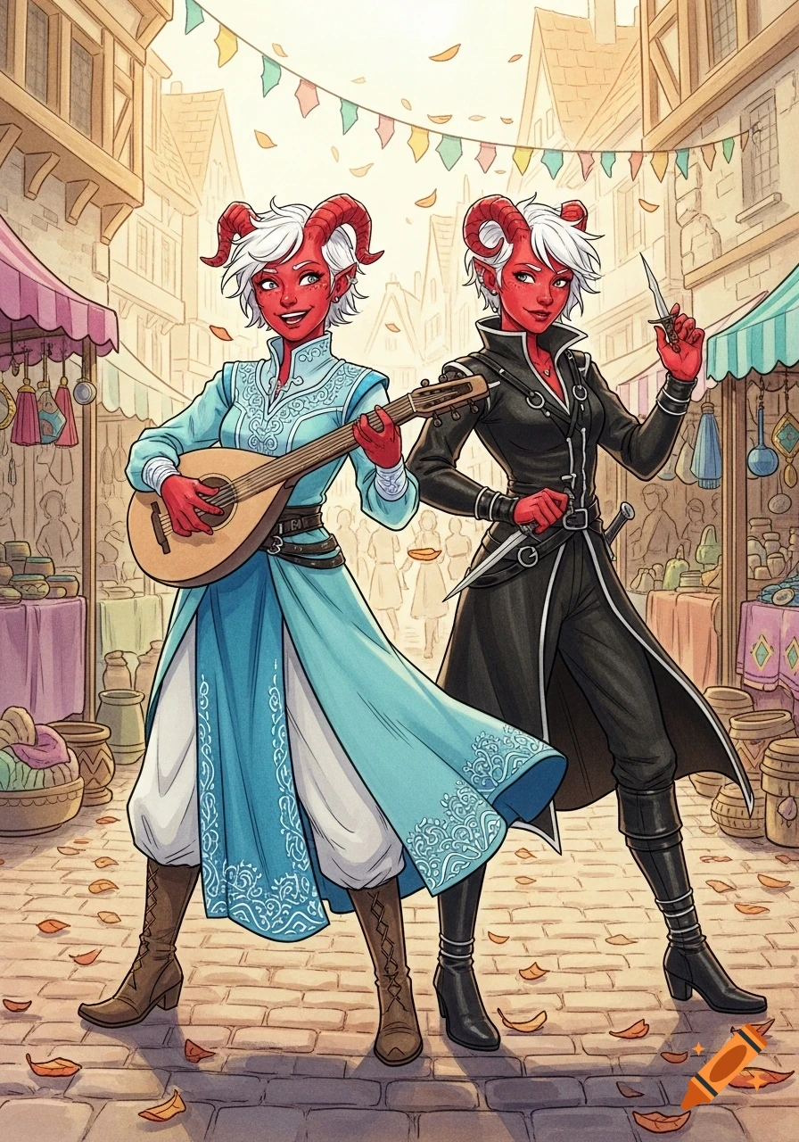 Two red-skinned, white-haired tiefling women, one playing a lute and the other holding daggers, in a fantasy market.