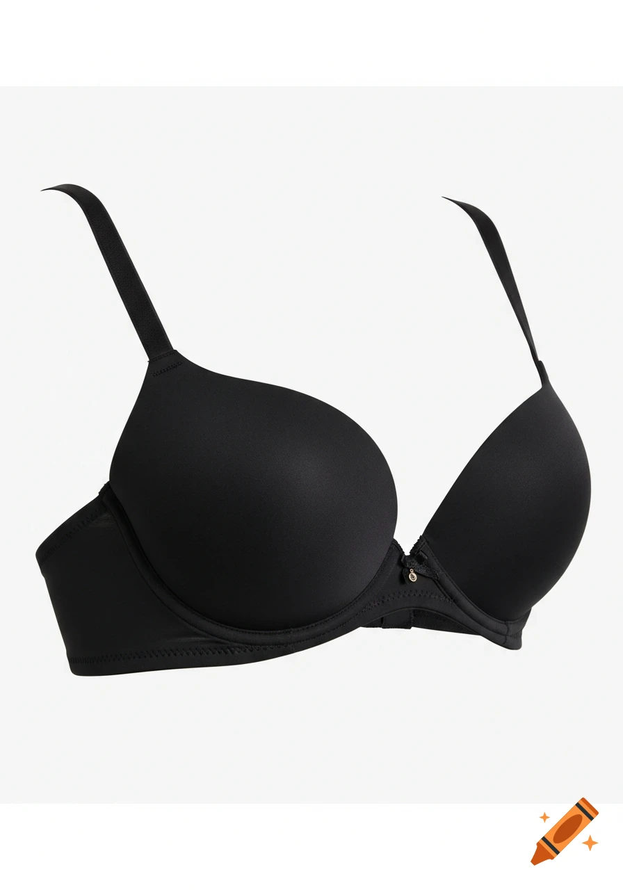 Photorealistic image of a black push-up bra with slight padding and a small decorative charm, displayed on a clean white background.