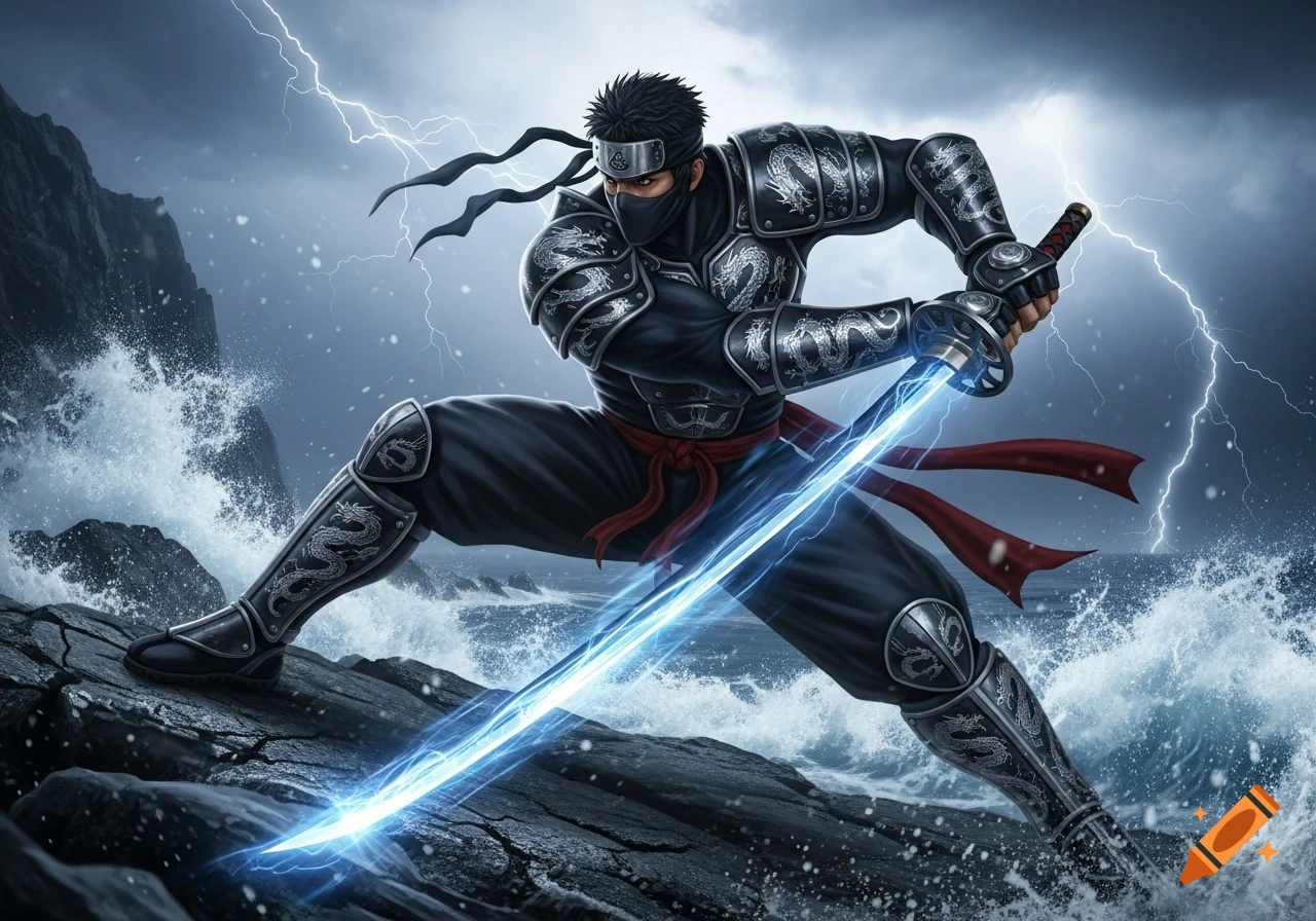 A formidable ninja warrior in black armor and mask wields a glowing blue sword on a rocky shore amidst a stormy, lightning-filled sky.