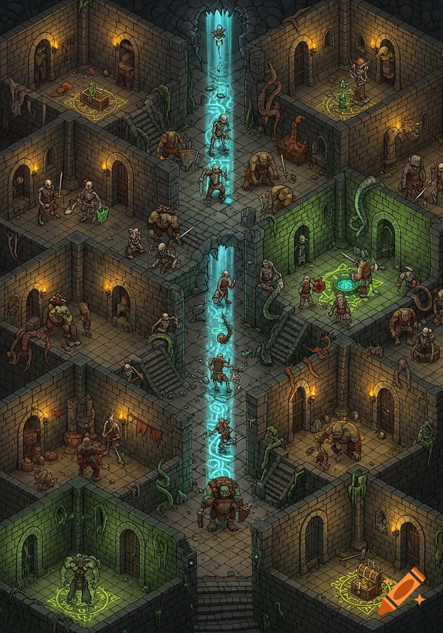Isometric fantasy dungeon map filled with skeletons, orcs, and monsters, featuring glowing magical paths through stone corridors.