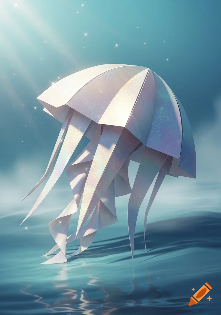 A beautiful origami jellyfish, shimmering with iridescent colors, floats above sparkling blue water with light rays.
