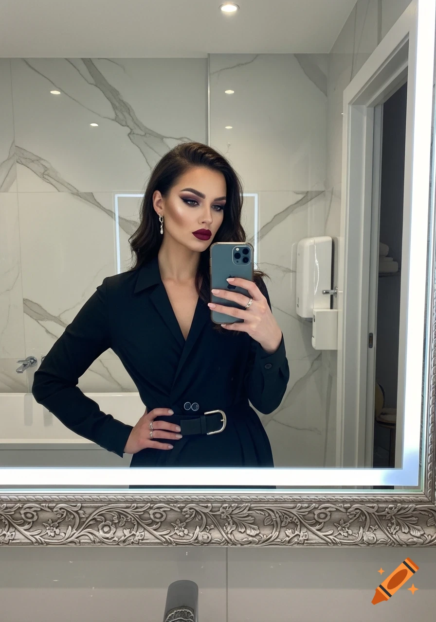 Woman with dark hair, dark eye makeup, and bold red lipstick taking a mirror selfie in a black blazer dress.