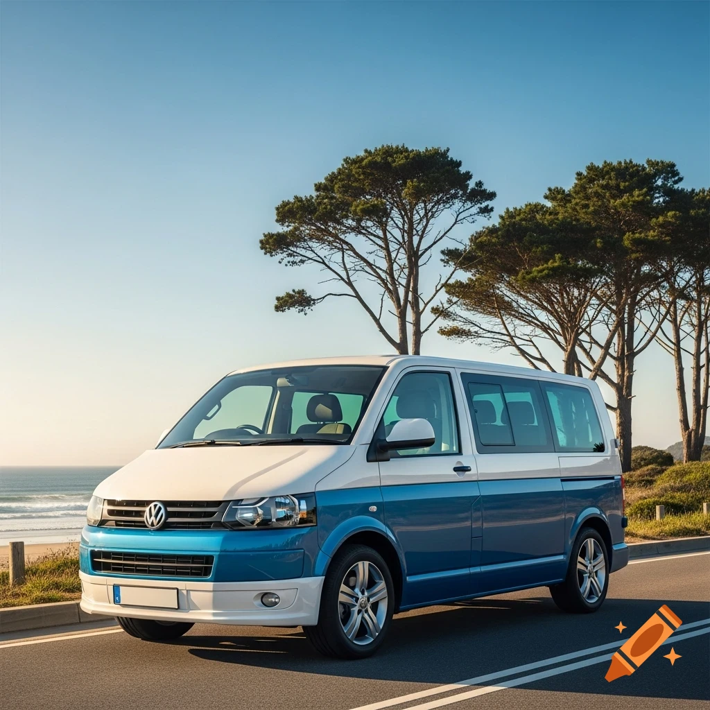 A two-tone blue and white Volkswagen T5 Transporter van parked on a coastal road with a beach and ocean in the background under a clear sky.