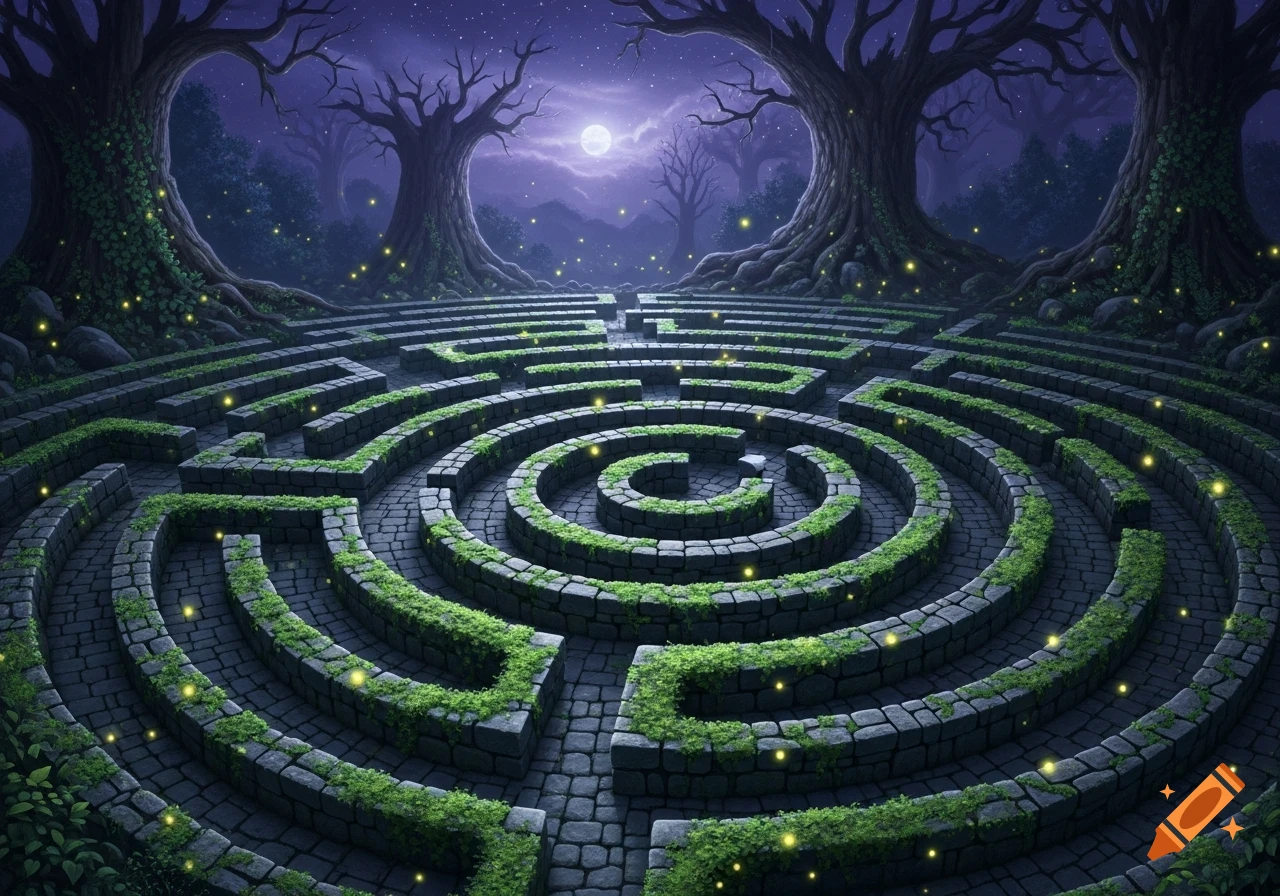 A mystical labyrinth made of moss-covered stone walls, glowing fireflies, and ancient gnarled trees under a full moon in a fantasy night scene.
