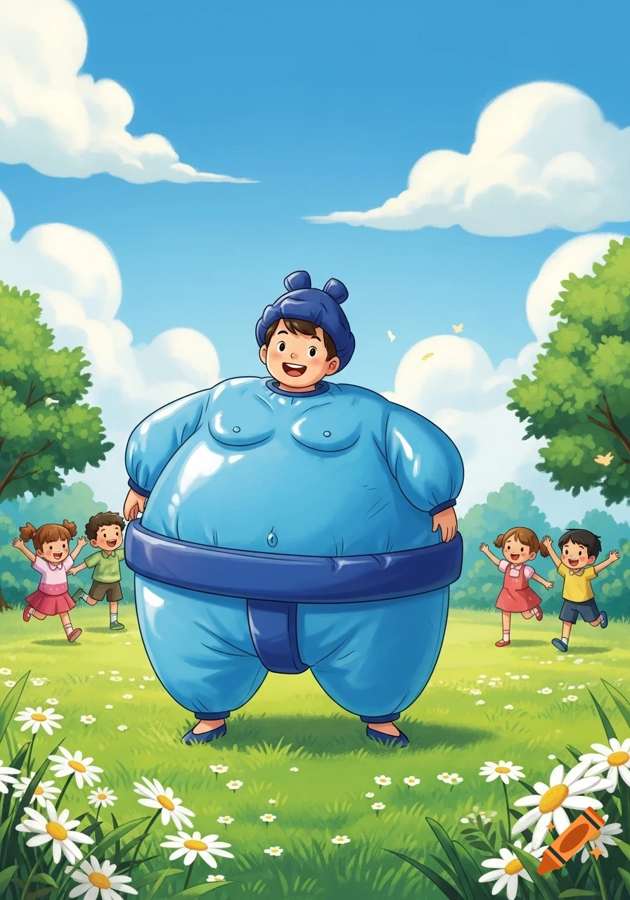 Cartoon of a boy in a blue inflatable sumo suit standing in a sunny field with daisies, surrounded by other playing children.