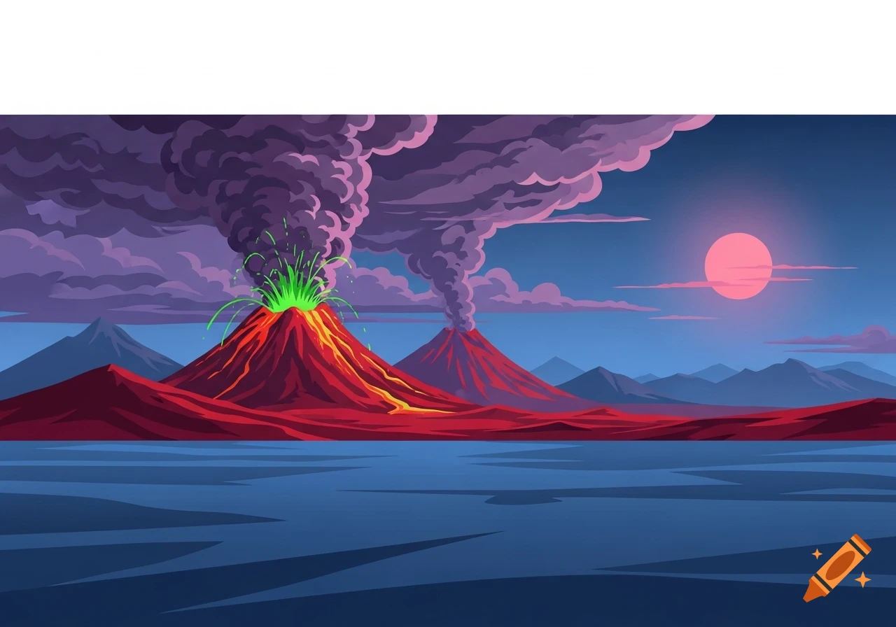 A stylized painting of two erupting volcanoes with red mountains and green lava, purple smoke, and a pink sun over a blue body of water.