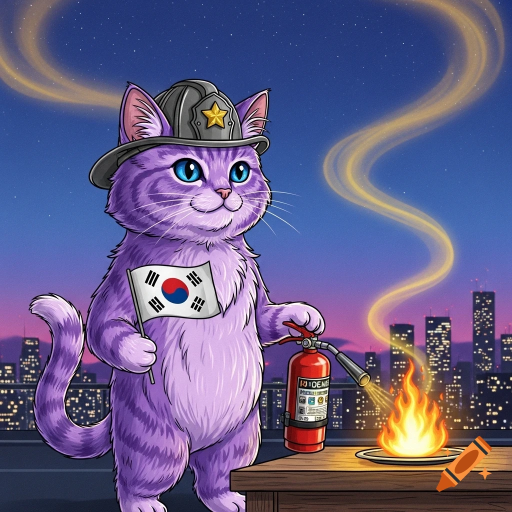 A happy purple cartoon cat in a firefighter helmet holds a South Korean flag and sprays a small fire with an extinguisher on a city rooftop at night.