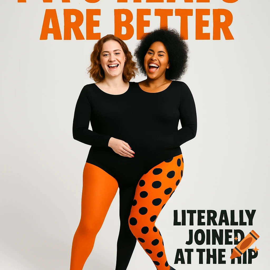 Two laughing women in a conjoined black leotard and mismatched tights, with text "TWO HEADS ARE BETTER" and "LITERALLY JOINED AT THE HIP".