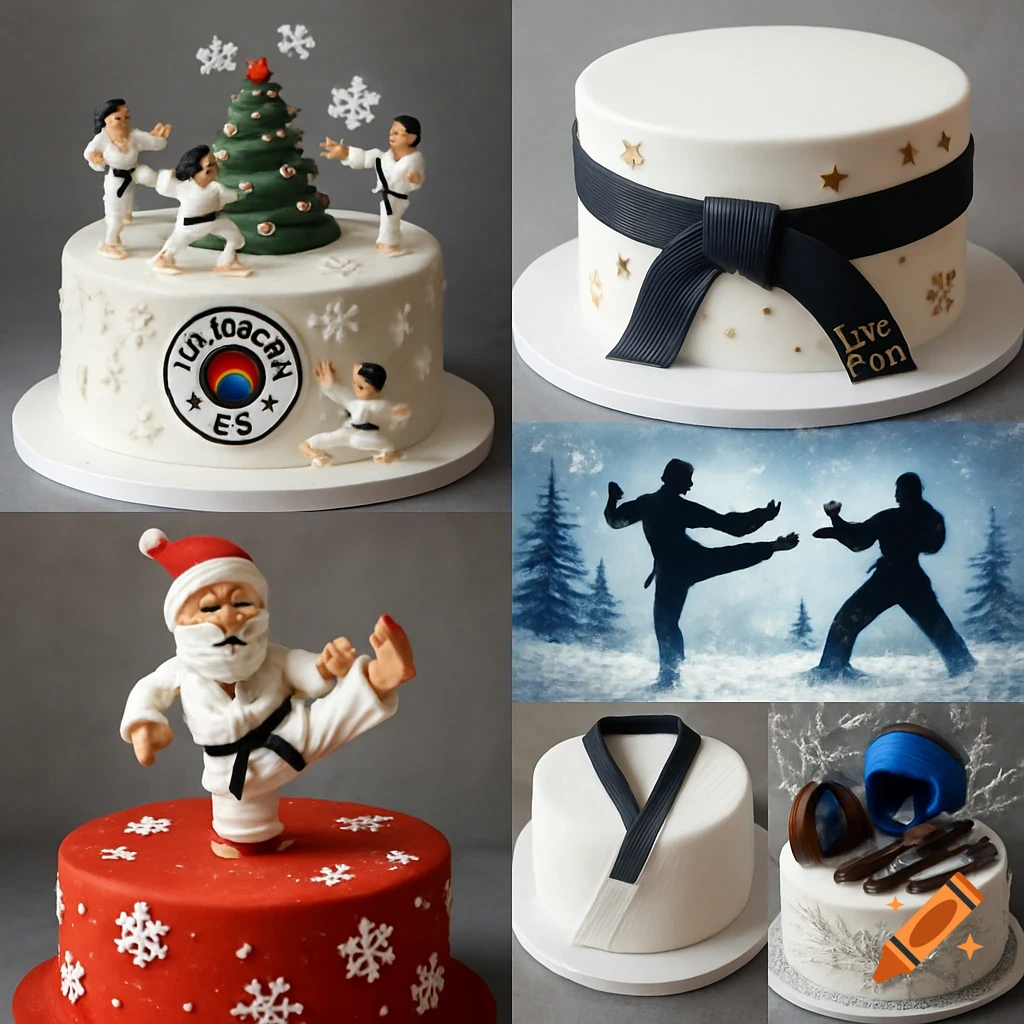 A collage of six Taekwondo-themed cakes. Designs include fondant figures around a Christmas tree, a cake wrapped with a black belt, silhouettes in a winter setting, a Santa performing a kick, and a Dobok-shaped cake.