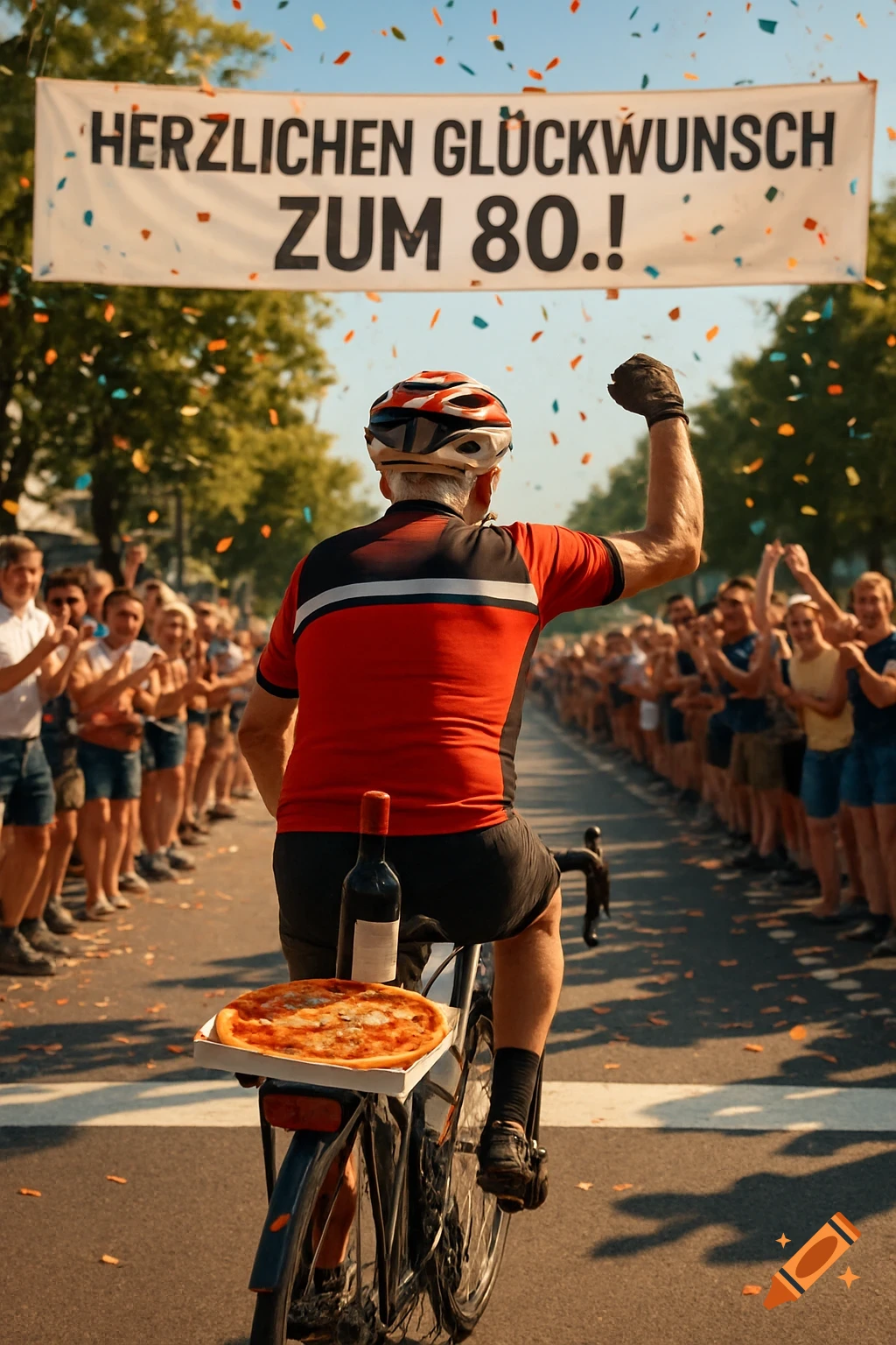 A jubilant elderly cyclist, viewed from behind, rides past cheering fans under a 'Happy 80th Birthday' banner with confetti falling.