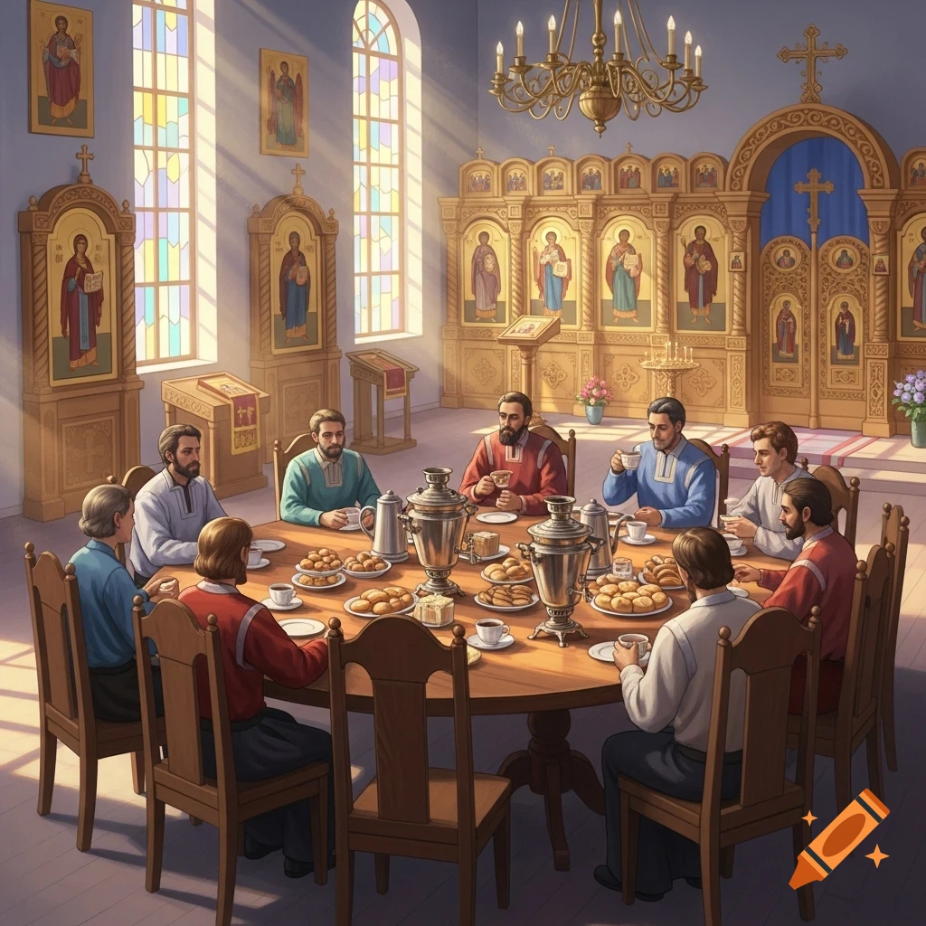 Men gather around a large table with samovars and pastries in a sunlit Orthodox Church adorned with icons.