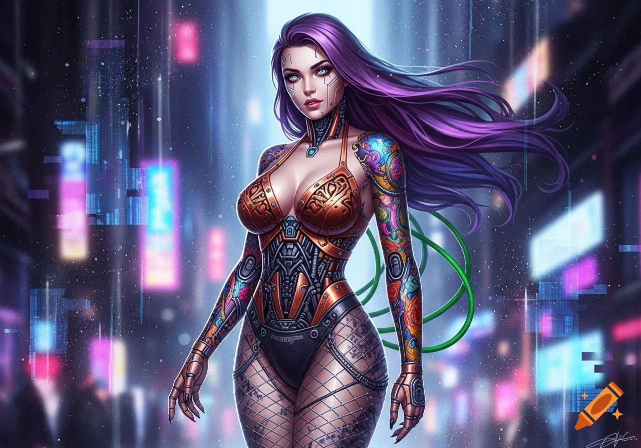 A hyperrealistic digital art illustration of a cyberpunk android woman with purple hair, vibrant tattoos, and copper armor standing in a neon-lit city.