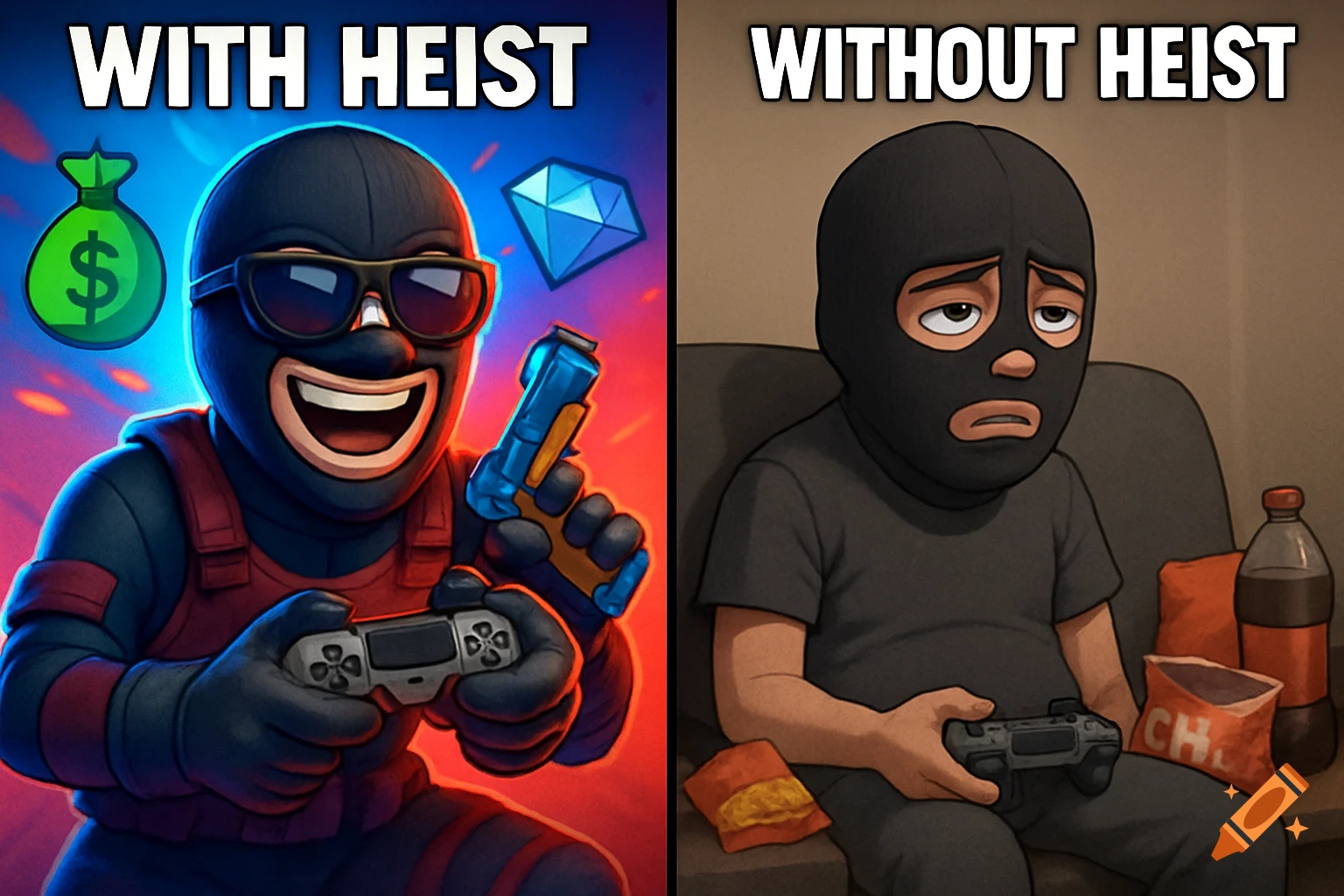 A two-panel cartoon meme. Left: Happy balaclava character with controller, gun, money, diamond. Text: WITH HEIST. Right: Sad character on couch with controller, soda, chips. Text: WITHOUT HEIST.