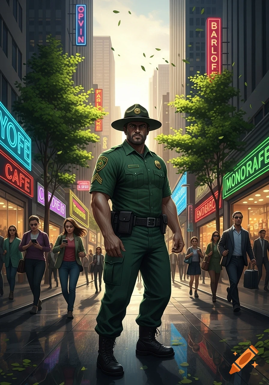 A muscular ranger in a green uniform and hat stands on a reflective city street with neon signs and blurred pedestrians.