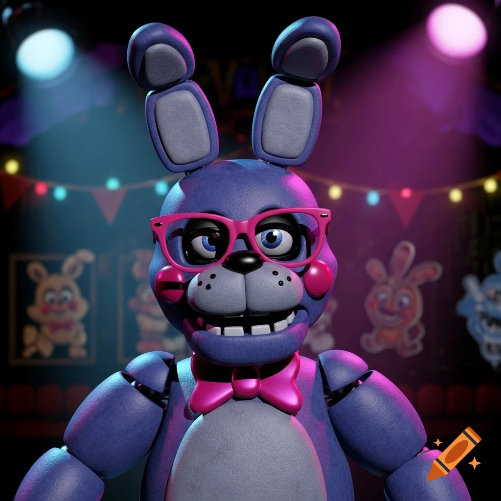 Purple animatronic bunny, Bonnie from FNAF, wears pink glasses and a pink bow, smiling under spotlights in a party room.