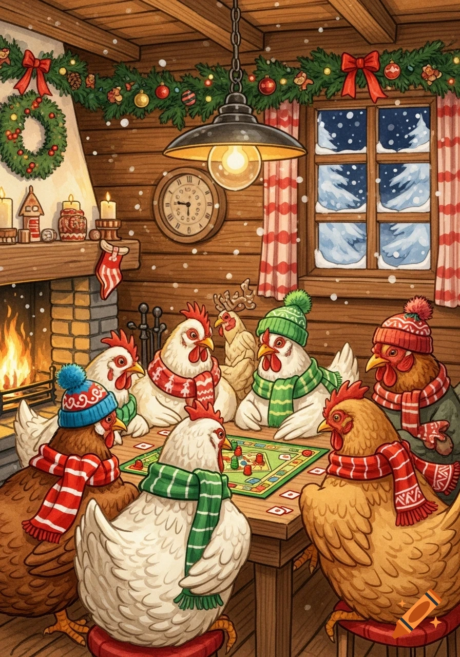 Cartoon chickens in scarves and hats play a board game by a fireplace in a cozy, Christmas-decorated wooden cabin with a snowy window.