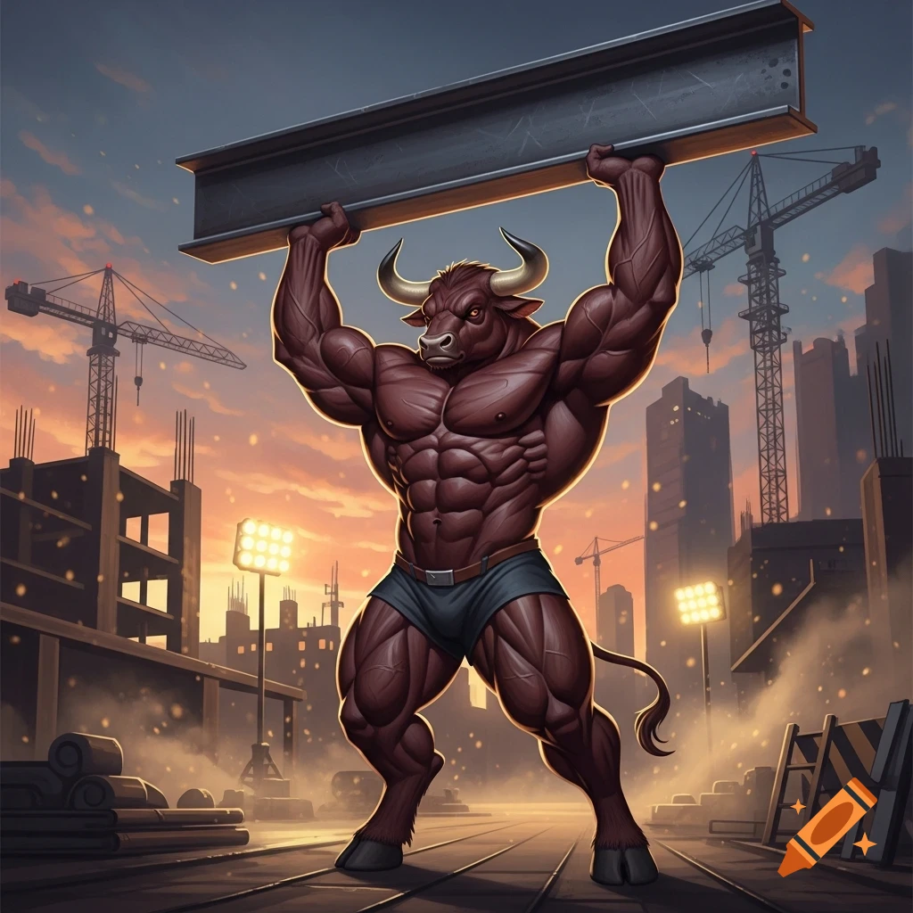 A muscular, red anthro bull lifts a heavy metal beam overhead at a construction site against a sunset sky.