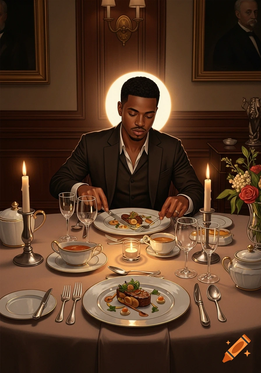 A Black man in a dark suit eats a formal dinner at a candlelit table, with a glowing halo behind his head in a detailed, warm-toned style.