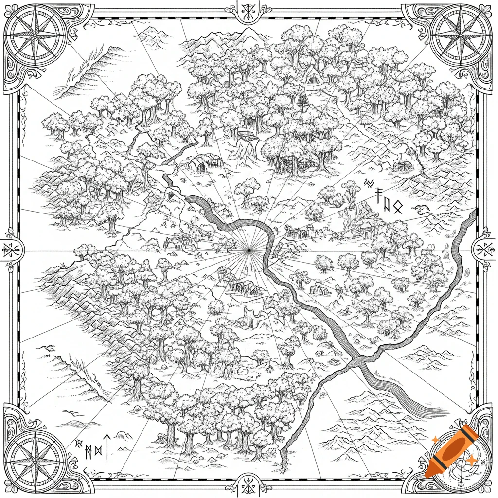A black and white hand-drawn fantasy map featuring a large forest, winding river, mountains, and decorative compass roses in the corners.