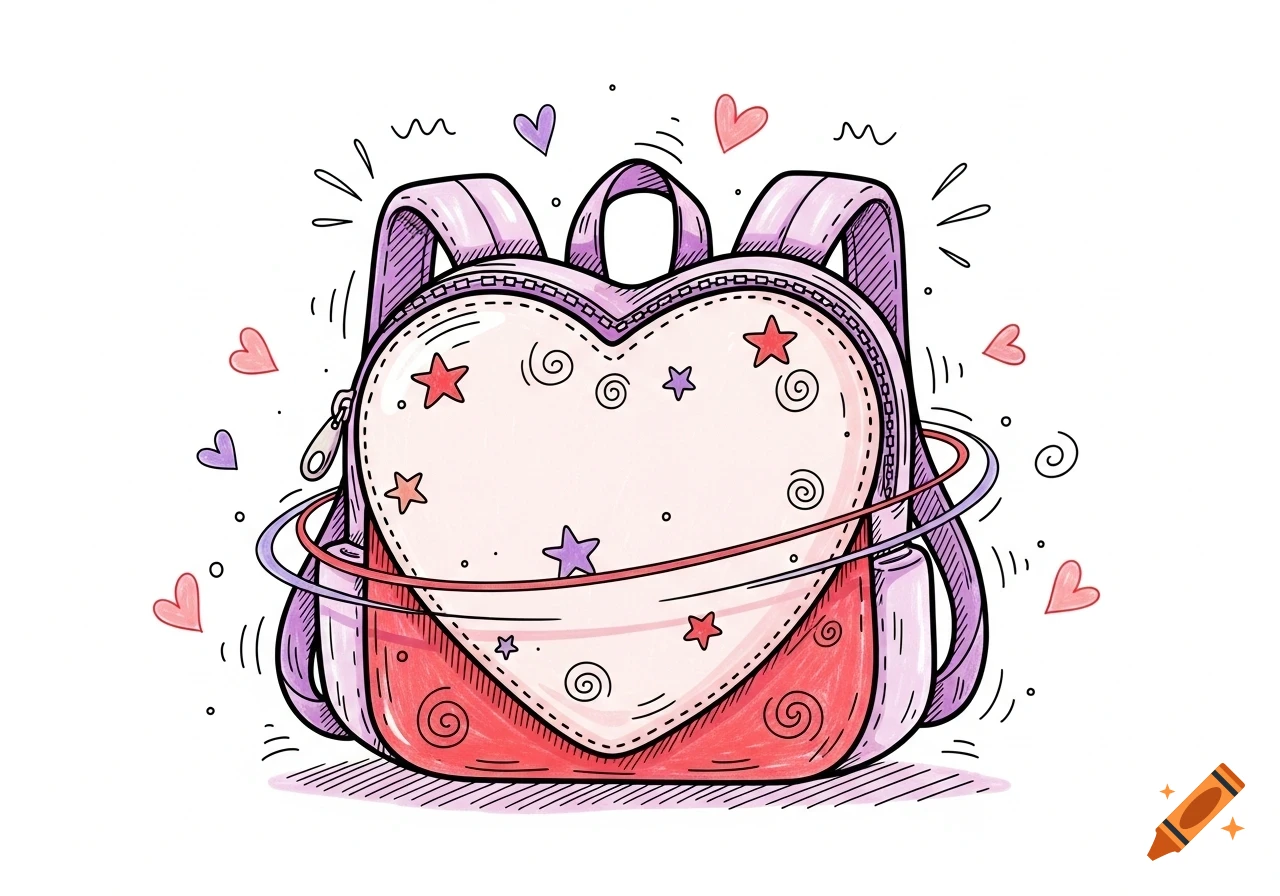 Hand-drawn doodle illustration of a heart-shaped purple and red backpack with stars, swirls, and floating hearts.