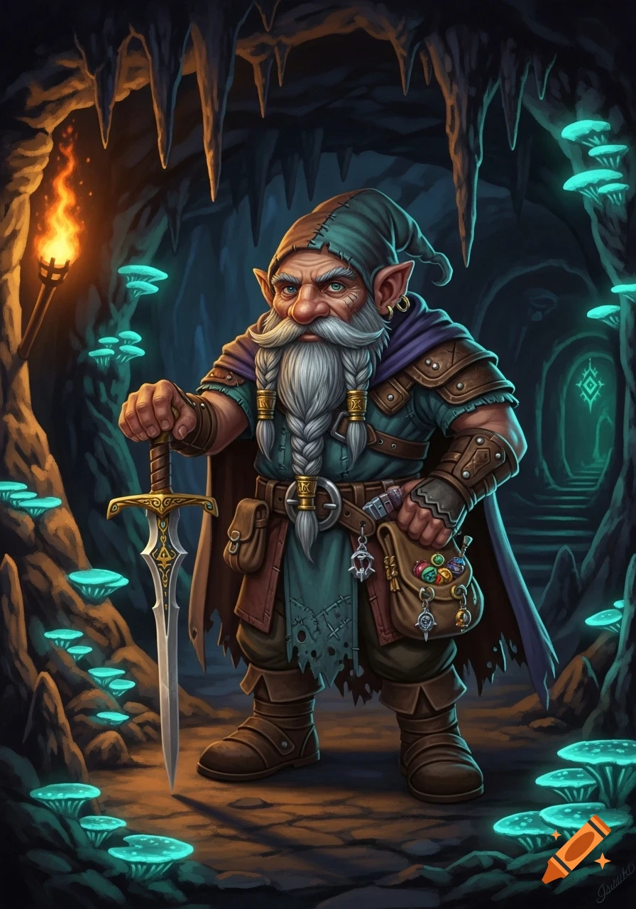 A fantasy gnome scoundrel in a cave with glowing mushrooms, holding a decorative sword and a satchel.