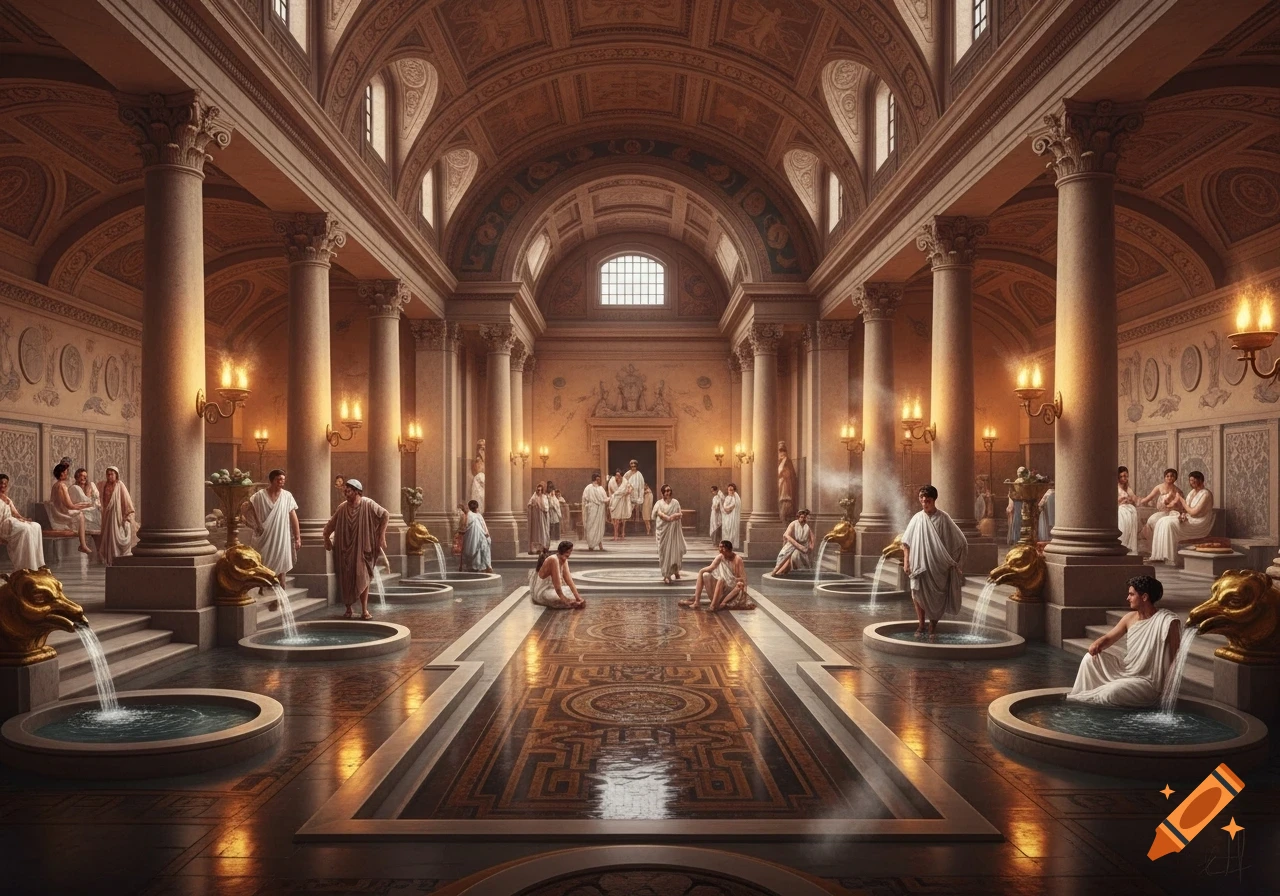 A grand ancient Roman bathhouse with multiple pools and people in white togas, illuminated by warm wall sconces.