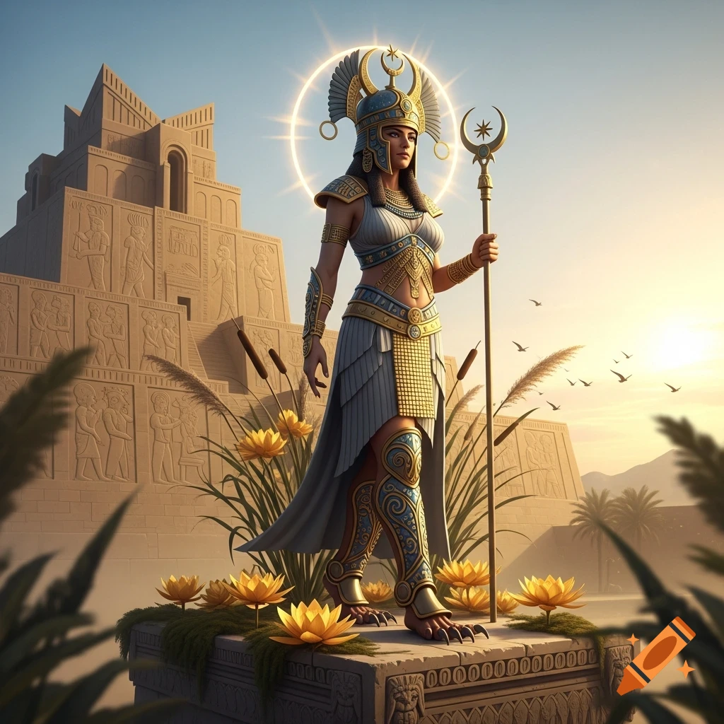 A majestic goddess-like figure with a halo, ornate helmet, and eagle feet stands holding a staff on a lily-covered platform, with an ancient ziggurat at sunset.