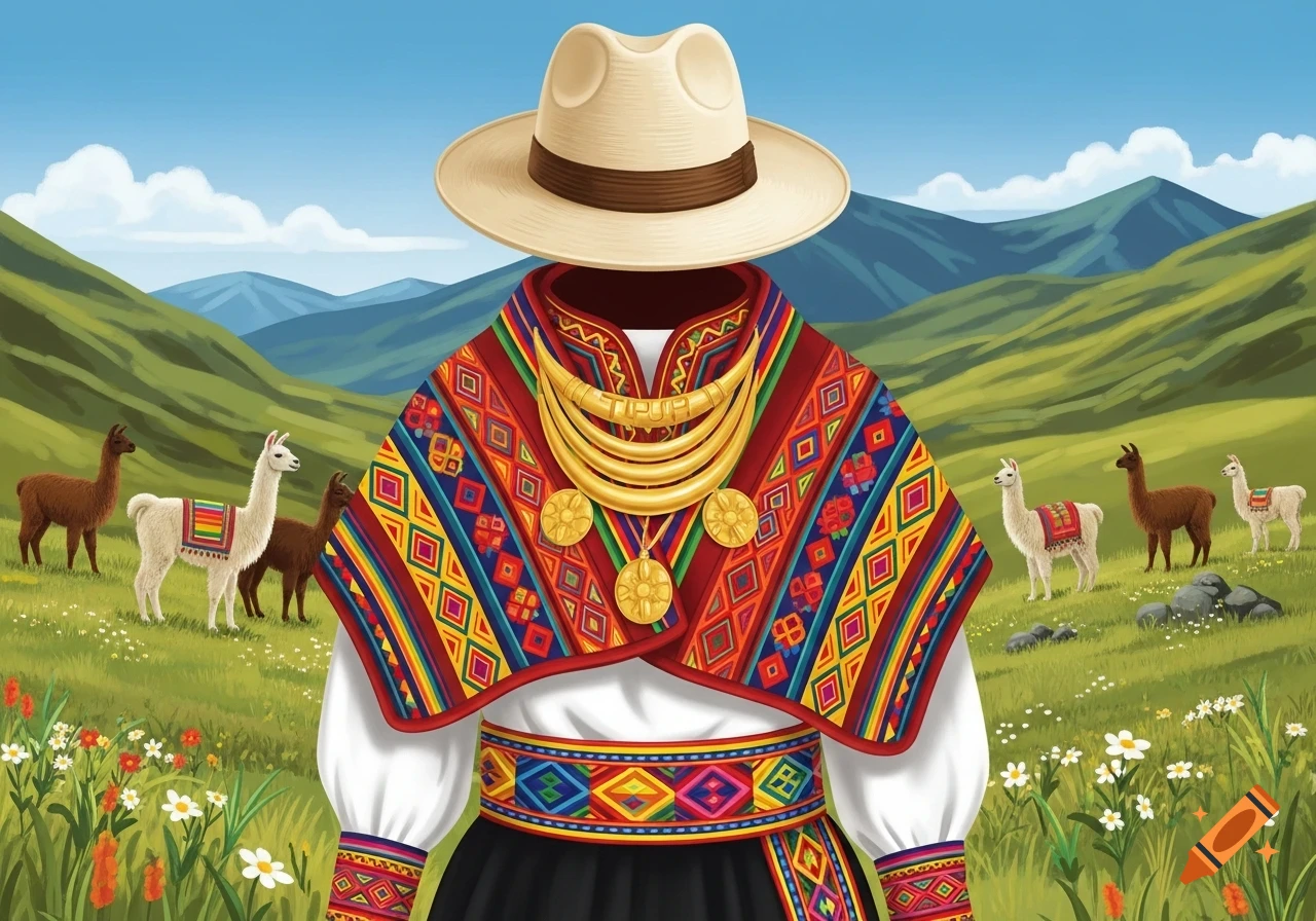 Illustration of a figure in traditional colorful Ecuadorian attire, including a hat and ornate jewelry, standing in a mountain field with llamas.