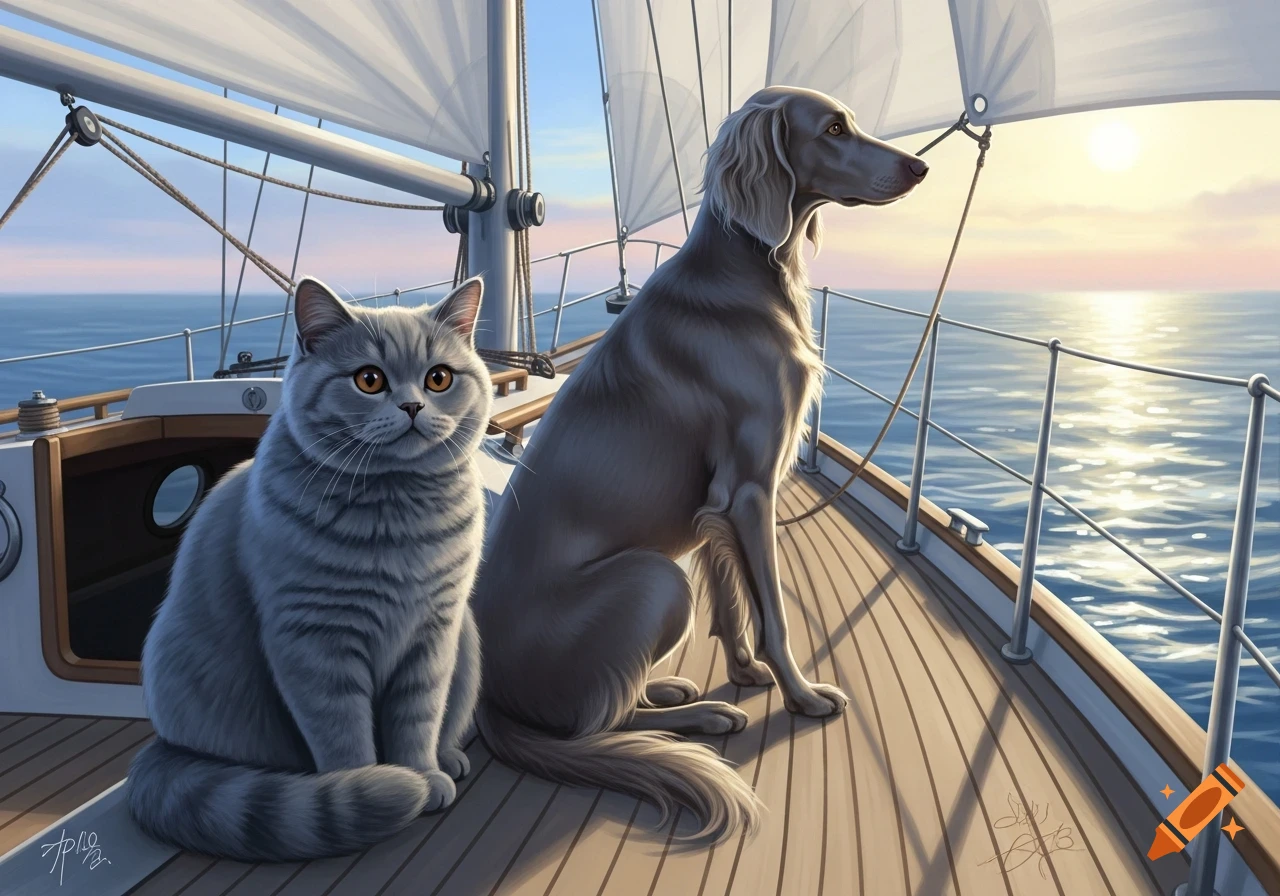 A grey British Shorthair cat and a longhaired Weimaraner dog sit on a sailboat deck, looking out at the ocean at sunset.