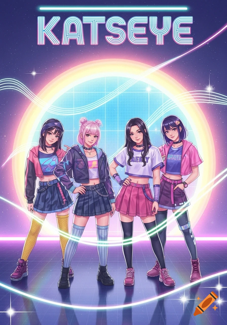 Four anime-style girls in Y2K fashion pose under the neon sign "KATSEYE" against a retro-futuristic background with a glowing sun and grid.