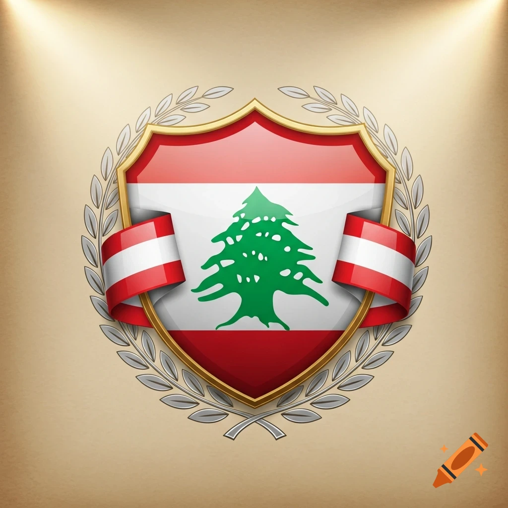 A stylized Lebanese flag emblem with a green cedar tree on a white and red shield, surrounded by a silver laurel wreath on a gold background.