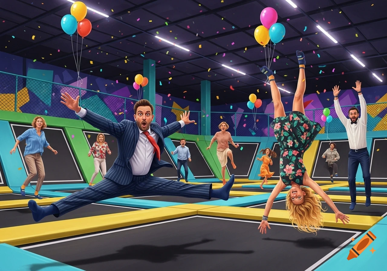 Colorful illustration of adults jumping enthusiastically on trampolines in an indoor park filled with confetti and balloons.