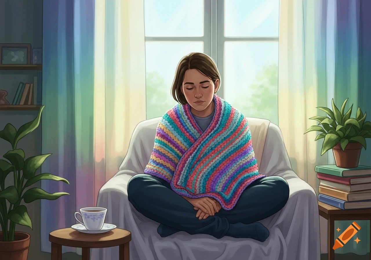 Illustrative drawing of a person meditating on a couch with a colorful blanket, plants, and a window.