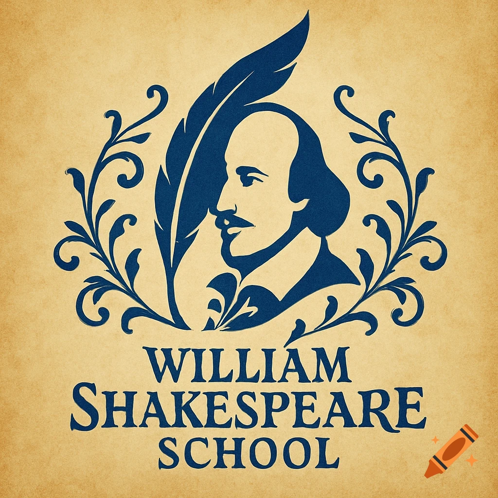 A blue William Shakespeare profile logo with a quill and scrollwork, featuring 'WILLIAM SHAKESPEARE SCHOOL' text on a textured beige background.
