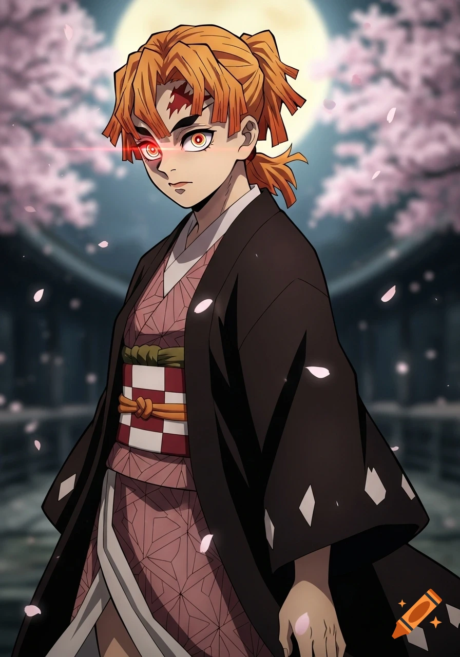 An anime character with orange hair in a ponytail, wearing a kimono, with a glowing red demon eye, standing under a full moon with falling cherry blossoms.