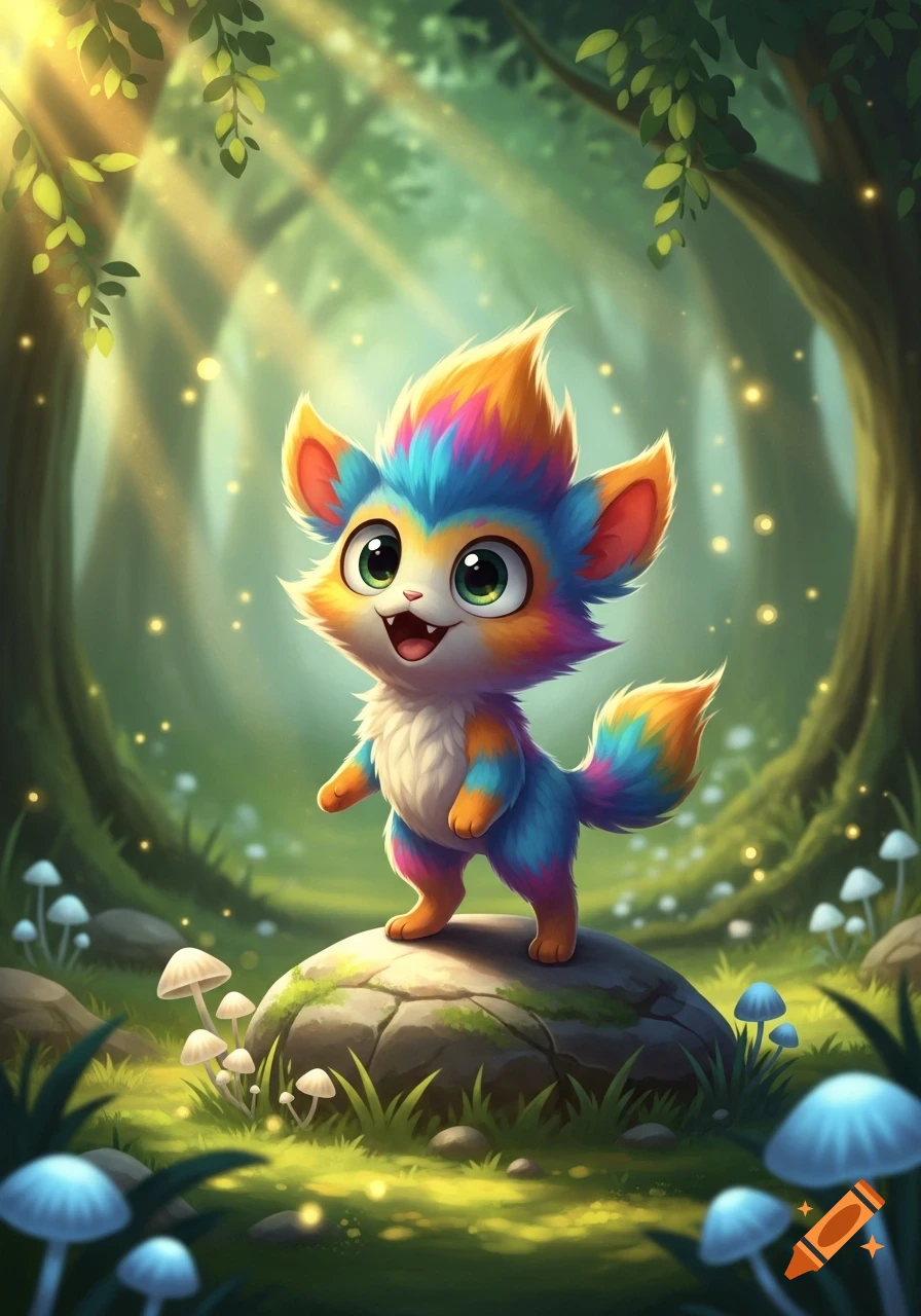 An adorable, brightly colored cartoon creature with big green eyes and spiky hair stands on a rock in a magical forest.