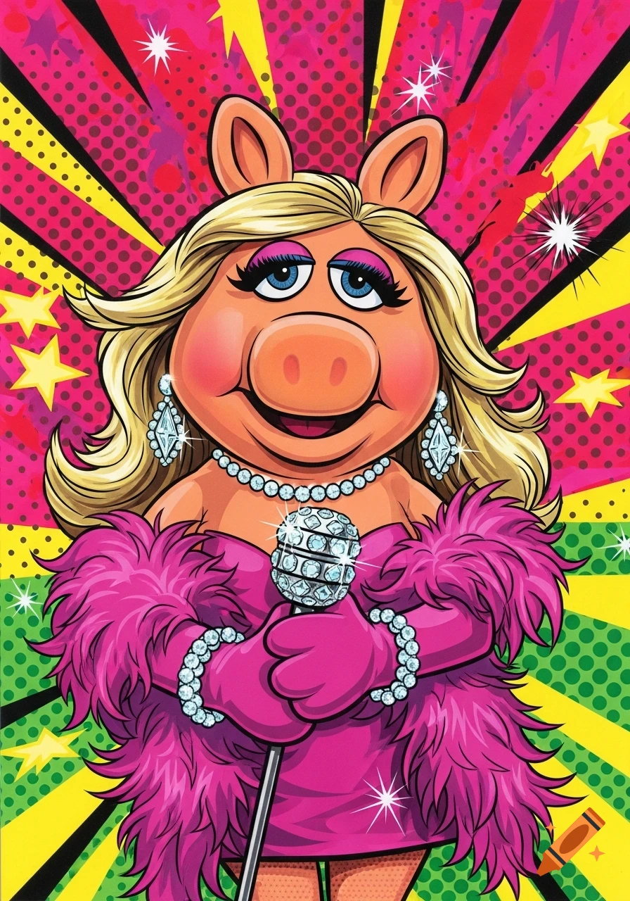 Pop art illustration of Miss Piggy singing into a sparkling microphone, wearing a pink dress and boa, against a colorful starburst background.