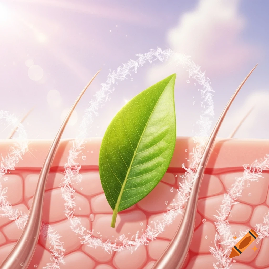 Microscopic view of skin, hair follicles, and a green leaf with sparkling ice crystals, illustrating natural skincare.