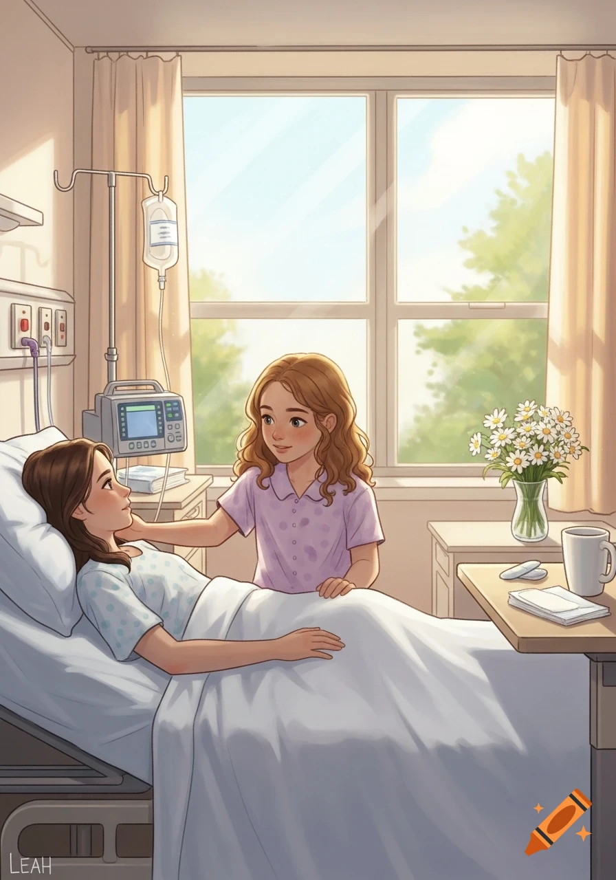A young girl with curly hair gently touches the arm of another girl lying in a hospital bed, looking at each other warmly, in a digital illustration style.