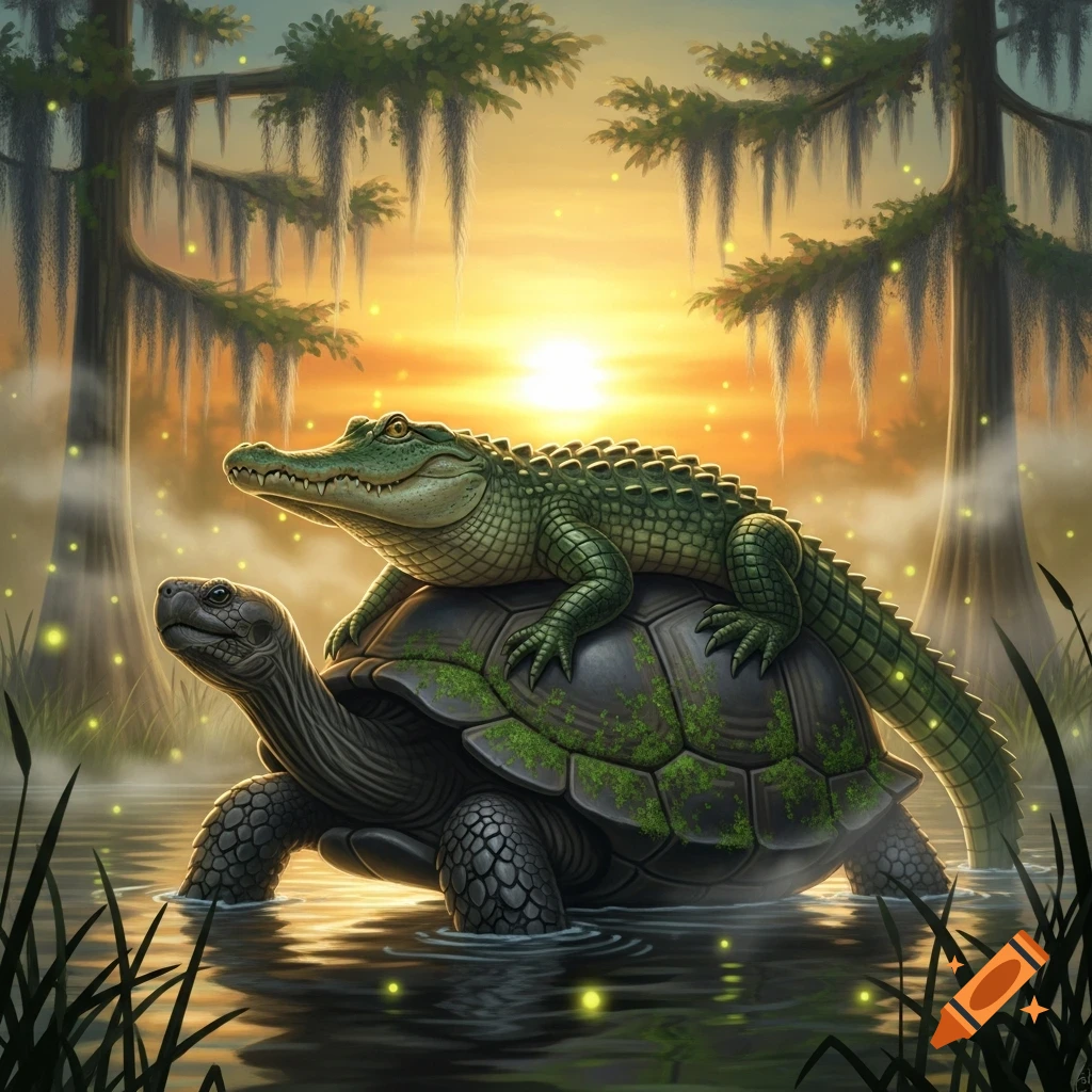 A cartoon alligator rides on the back of a large turtle in a sunset-lit swamp with Spanish moss and fireflies.