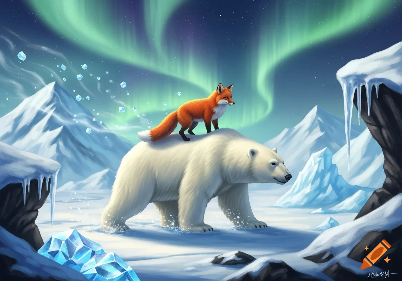 An illustration of a red fox riding on the back of a polar bear in a snowy arctic landscape with vibrant green Northern Lights and floating ice crystals.