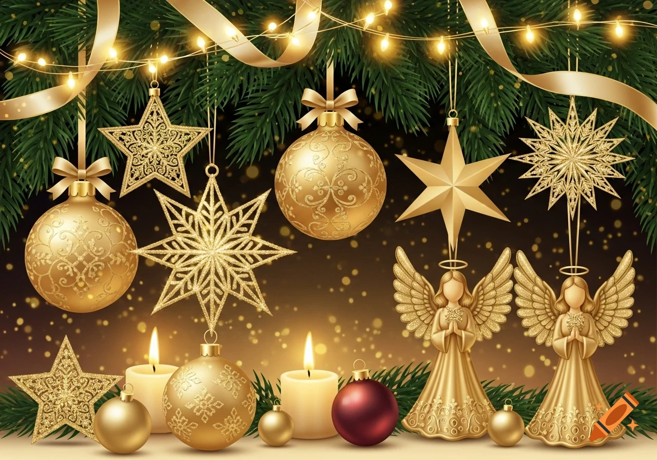 Golden Christmas decorations with hanging ornaments, stars, snowflakes, two angels, and lit candles among pine branches and fairy lights.