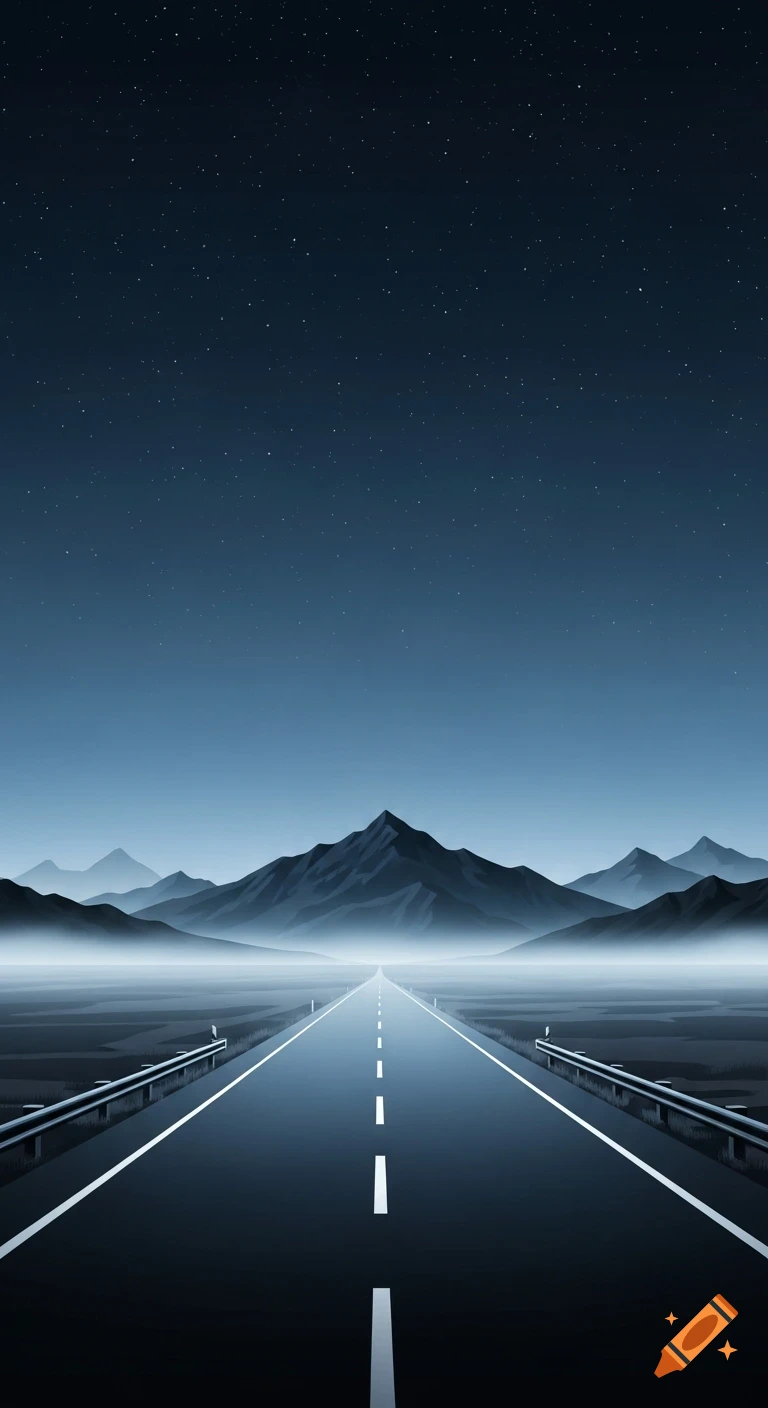 Minimalist dark highway stretching towards a mountain range under a starry night sky.