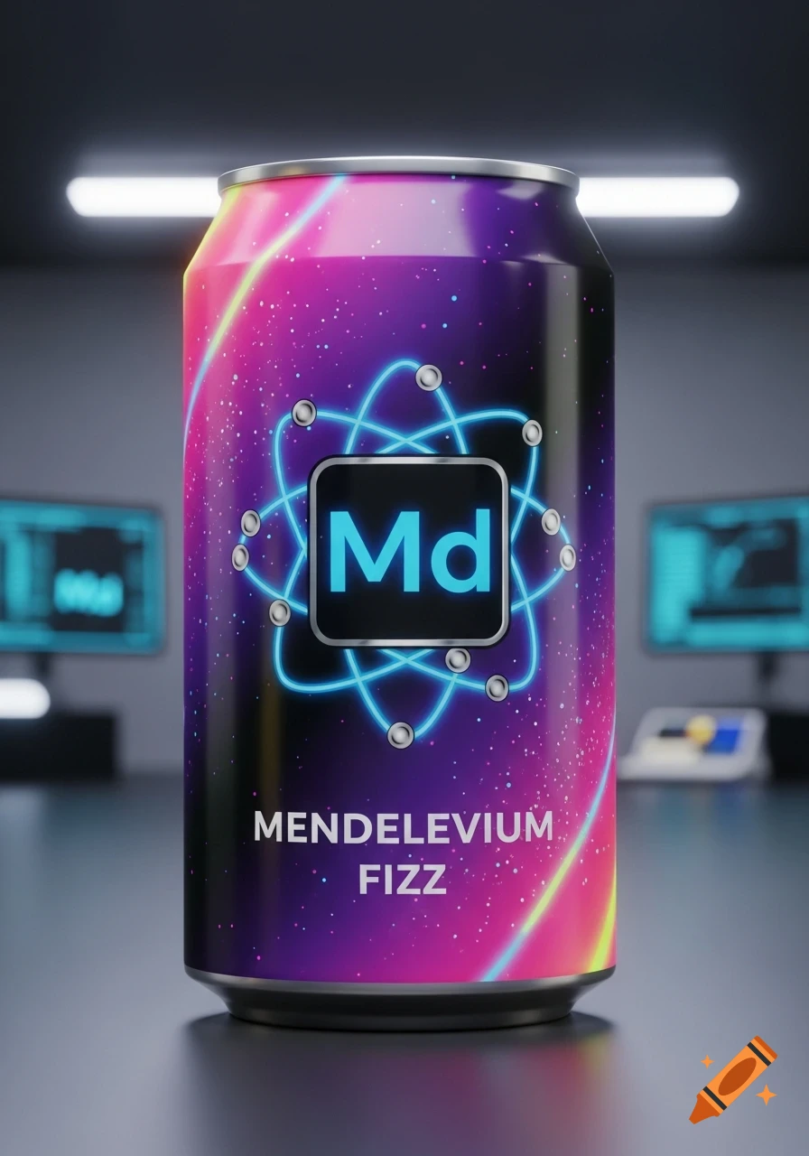 A vibrant, futuristic soda can labeled 'Mendelevium FIZZ' with a glowing atom design, set in a sci-fi lab.
